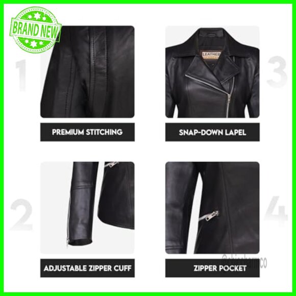 Genuine Lambskin Leather Motorcycle Jacket Asymmetrical Zipper Biker Style - Picture 4 of 6